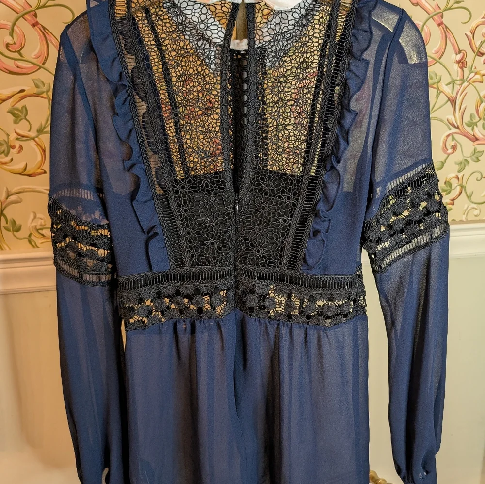 Self Portrait London Georgette And Guipure Lace Blouse Navy Size 4 - Picture 8 of 9